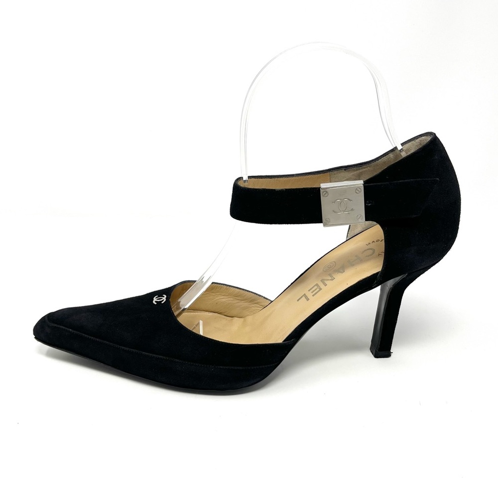 Vintage Chanel Black Suede Silver CC Logo High Heels Pumps Shoes 38.5 8.5 - Picture 13 of 13
